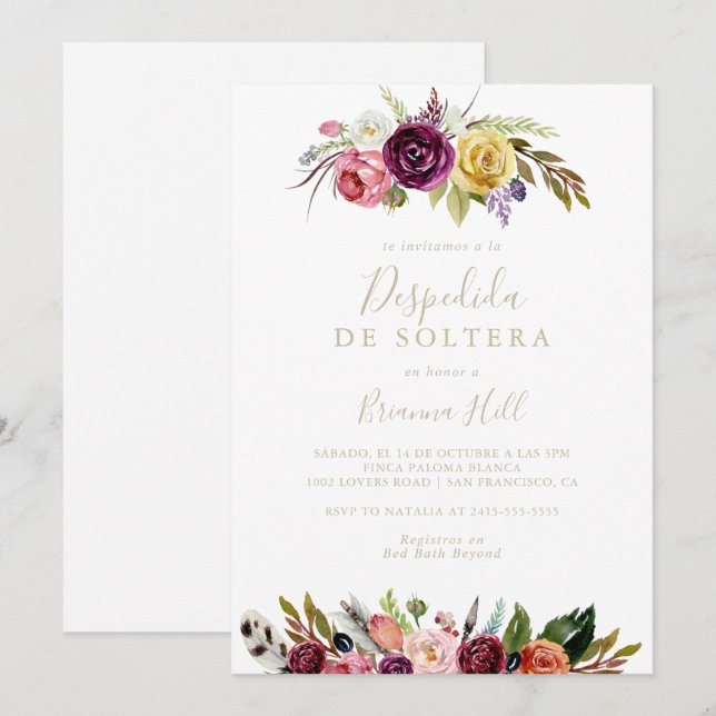 Gold Feather Boho Floral Spanish Bridal Shower   Invitation (Front/Back)