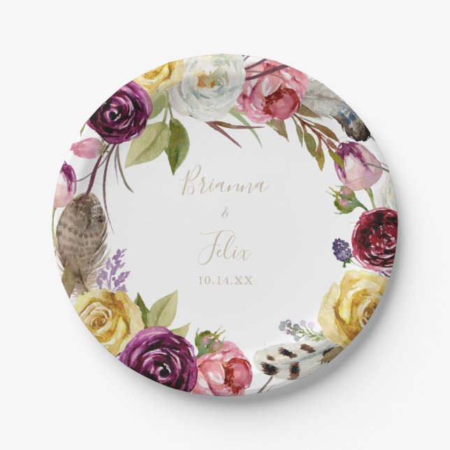 Gold Feather Boho Tropical Floral Wedding Cake Paper Plate (Front)