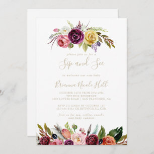 Gold Feather Boho Tropical Sip and See Invitation