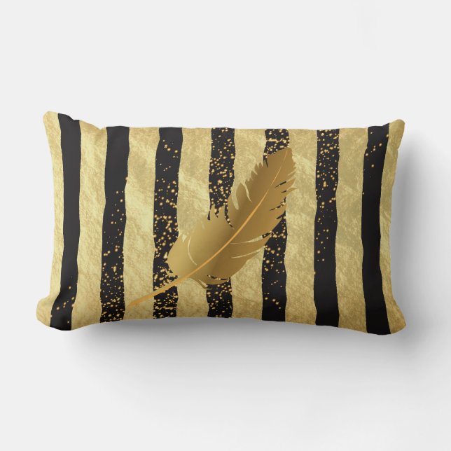 Gold Feather on Gold and Black Stripes Lumbar Pillow (Front)