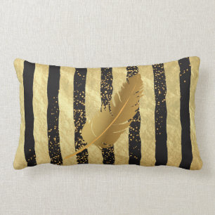 Gold Feather on Gold and Black Stripes Lumbar Pillow