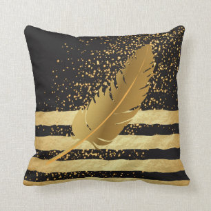 Gold Feather on Gold Confetti and Stripes Throw Pillow