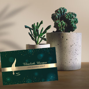 Gold Feather Stripe Champagne Notary Green Business Card