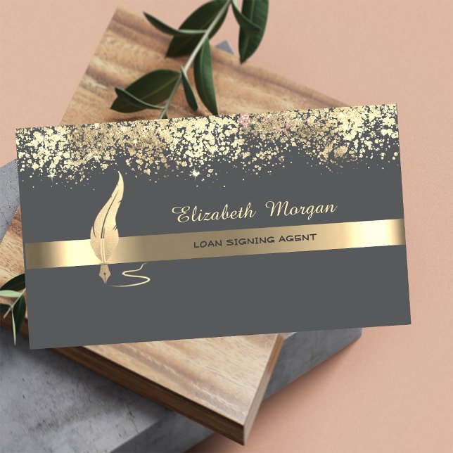 Gold Feather Stripe Grey Notary Business Card (Creator Uploaded)
