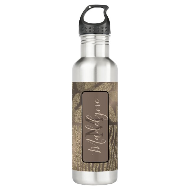 Gold Feathers Glitter Zebra Print Monogram  710 Ml Water Bottle (Front)