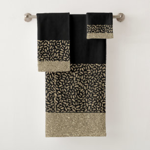 Gold Feathers on Black Bath Towel Set