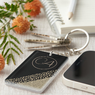 Gold Feathers on Black Glittery Monogram Keychain