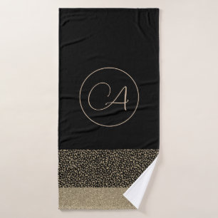 Gold Feathers on Black Monogram Bath Towel Set