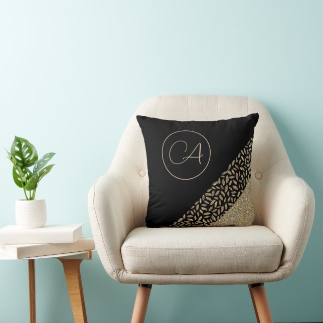 Gold Feathers on Black Monogram Modern Throw Pillow (Chair)