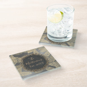 Gold Feathers on Sleek Silver Family Name Glass Coaster