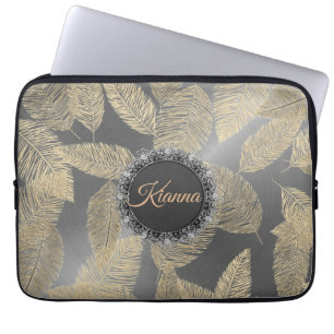 Gold Feathers on Sleek Silver Personalized Laptop Sleeve