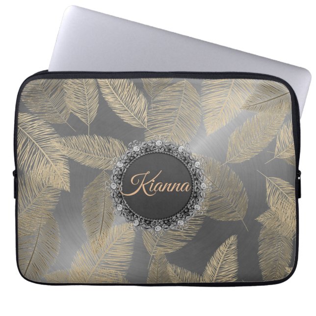 Gold Feathers on Sleek Silver Personalized Laptop Sleeve (Front)