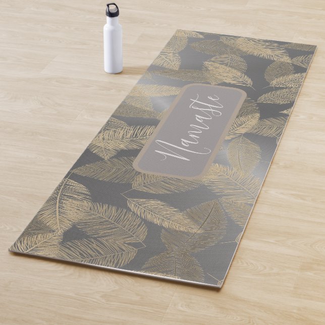 Gold Feathers on Sleek Silver Personalized   Yoga Mat (In Situ)