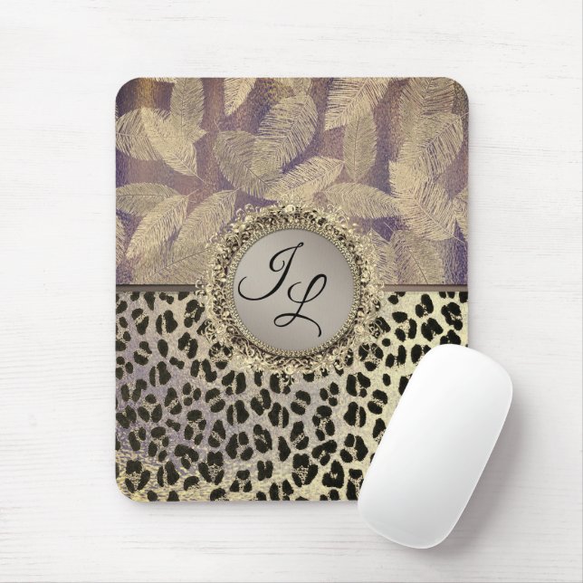 Gold Feathers with Leopard Print Monogram        Mouse Pad (With Mouse)