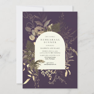 Gold Fern Greenery Purple Wedding Rehearsal Dinner Invitation