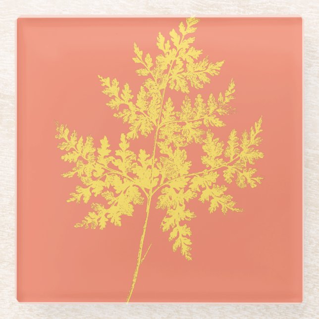 Gold Fern on Coral Botanical Glass Coaster (Front)
