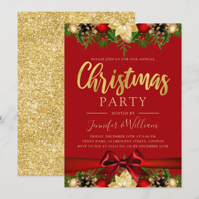 Gold Festive Floral & Ribbon | Xmas Holiday Red Invitation (Front/Back)
