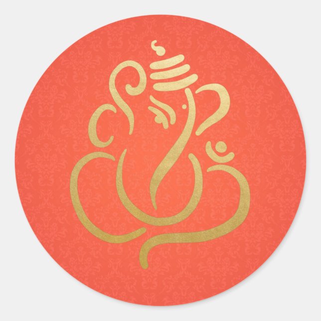 Gold Festive Ganesh | Indian God Damask Classic Round Sticker (Front)