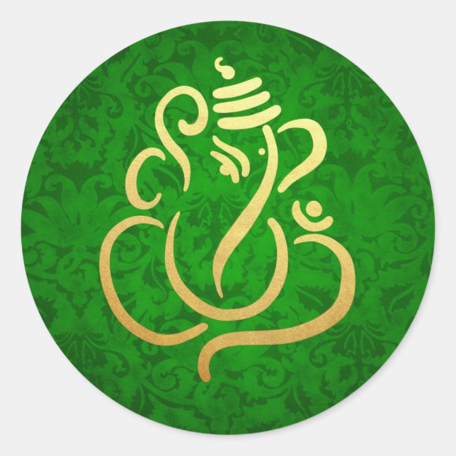 Gold Festive Ganesh | Indian God Damask Green Classic Round Sticker (Front)
