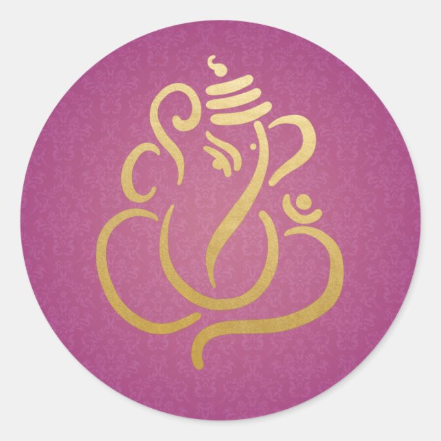 Gold Festive Ganesh | Indian God Damask Purple Classic Round Sticker (Front)
