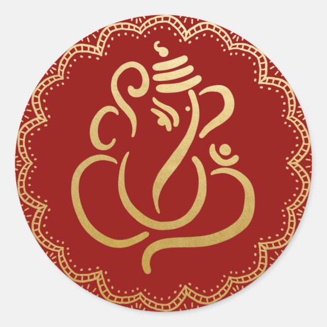Gold Festive Ganesh | Indian God Red Classic Round Sticker (Front)