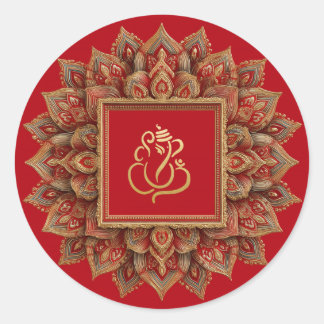 Gold Festive Ganesh | Indian God Red Classic Round Sticker