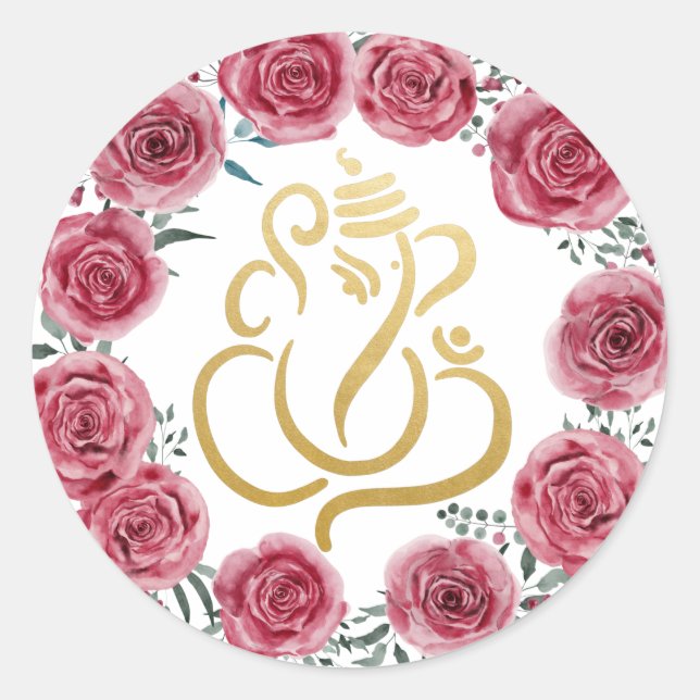 Gold Festive Ganesh| Indian God Red Roses Wreath Classic Round Sticker (Front)