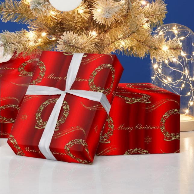 Gold Festive Wreaths on Red Christmas  Wrapping Paper (Holidays)