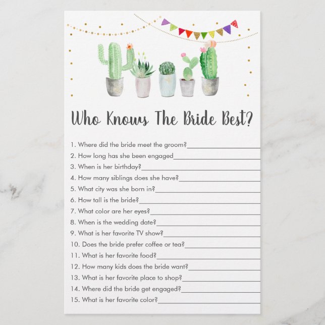 Gold Fiesta Cactus Who Knows The Bride Best Game (Front)