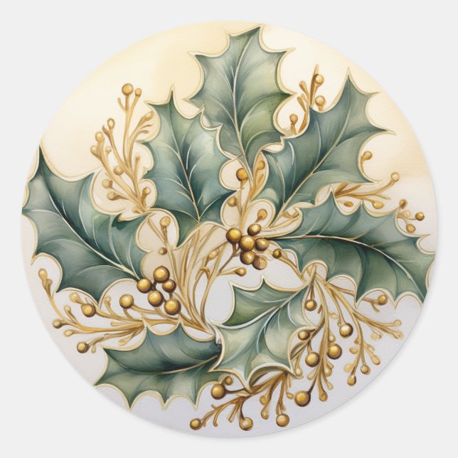 Gold Filigree and Holly Berries Classic Round Sticker (Front)
