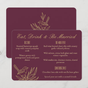 Gold Filigree Art Deco Merlot Fairy Wren Wedding Menu