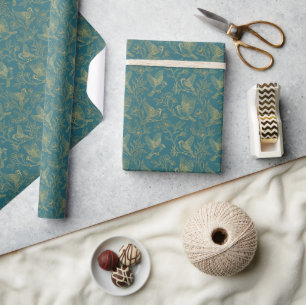 Gold Filigree Art Deco Sparrow Teal Blue Wrapping Paper