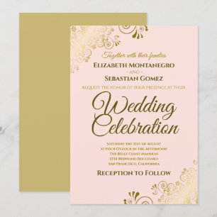 Gold Filigree Chic Elegant Blush Pink Wedding Invitation