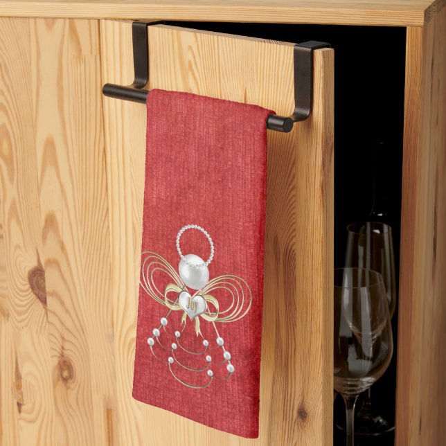 Gold Filigree Christmas Angel of Joy - Red Kitchen Towel (Thirds Fold)
