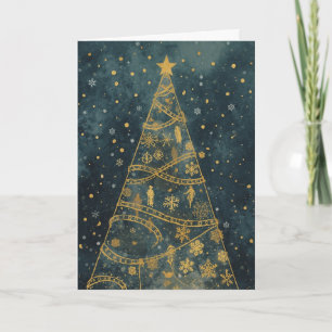 Gold Filigree Christmas Tree Teal Holiday Card
