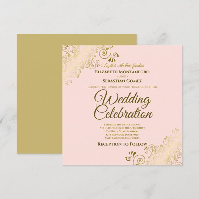 Gold Filigree Elegant Blush Pink Square Wedding Invitation (Front/Back)