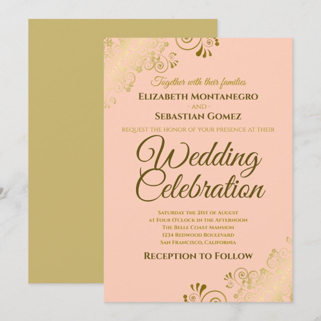 Gold Filigree Elegant Formal Coral Peach Wedding Invitation (Front/Back)