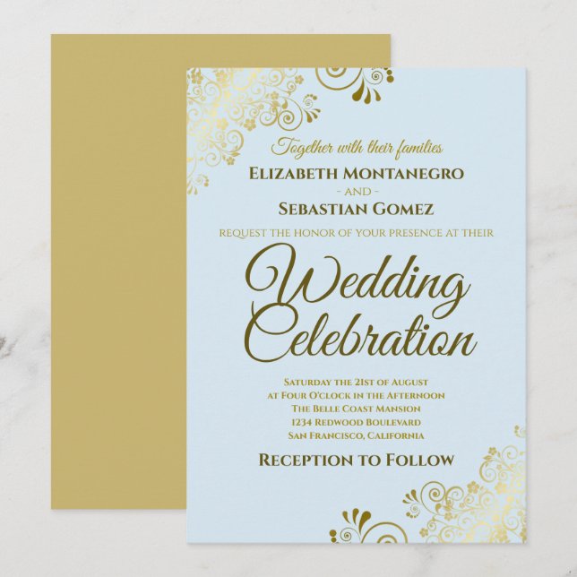 Gold Filigree Elegant Formal Powder Blue Wedding Invitation (Front/Back)