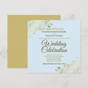 Gold Filigree Elegant Powder Blue Square Wedding Invitation