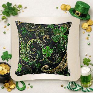 Gold Filigree Emerald Clover Celtic Pattern Throw Pillow