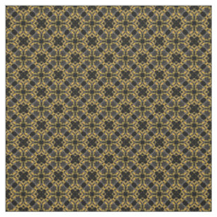 Gold Filigree Flowers & Black Grey Check Pattern Fabric