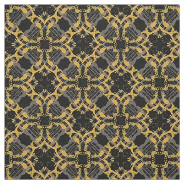 Gold Filigree Flowers & Black Grey Check Pattern Fabric (Swatch)