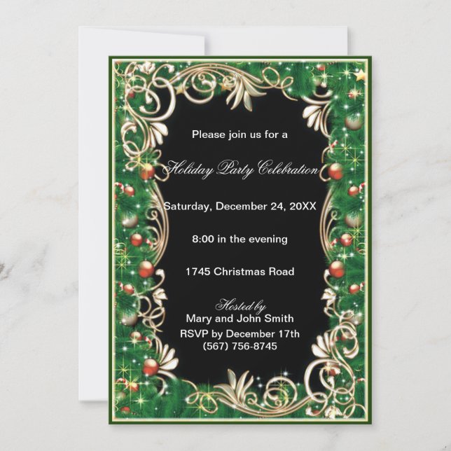 Gold Filigree Green Pine Christmas Party Invite (Front)