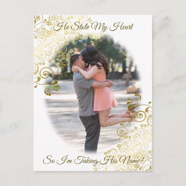 Gold Filigree He Stole My Heart Save the Date Holiday Postcard (Front)
