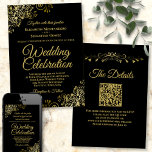 Gold Filigree on Black Elegant QR Code Wedding Invitation<br><div class="desc">This beautiful wedding invitation is stylish, simple and elegant. It features gold script lettering on a classic black background with floral faux foil filigree in each corner. The understated design is offset by the ornate frills and swirls of the artwork. The back has a customizable QR code and details note...</div>