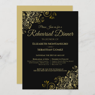Gold Filigree on Black Wedding Rehearsal & Dinner Invitation