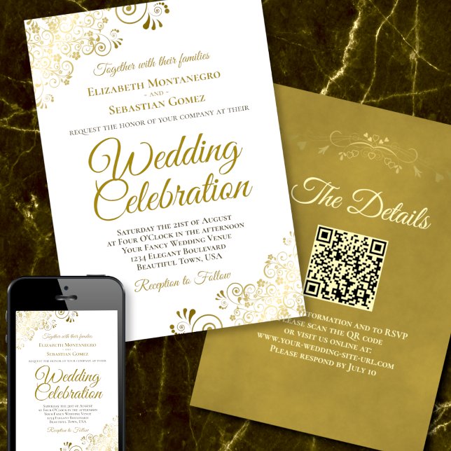 Gold Filigree on White Elegant QR Code Wedding Invitation (Creator Uploaded)