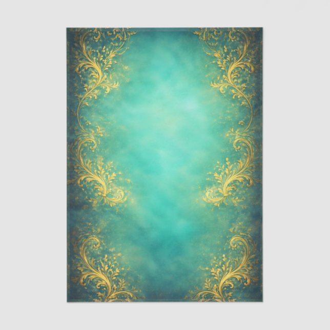 Gold Filigree, Teal Background EZ7 Decoupage Tissue Paper (Front)