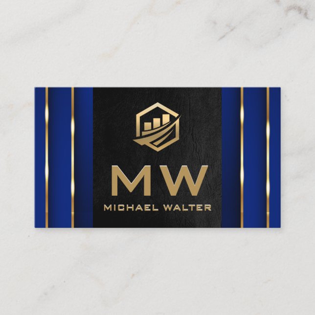 Gold Fin Tech Icon | Black Leather Gold Blue Business Card (Front)