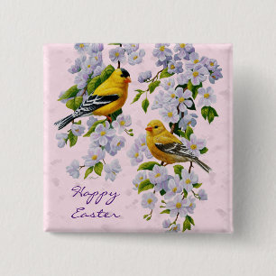 Gold Finch Birds & Apple Tree Pink 2 Inch Square Button